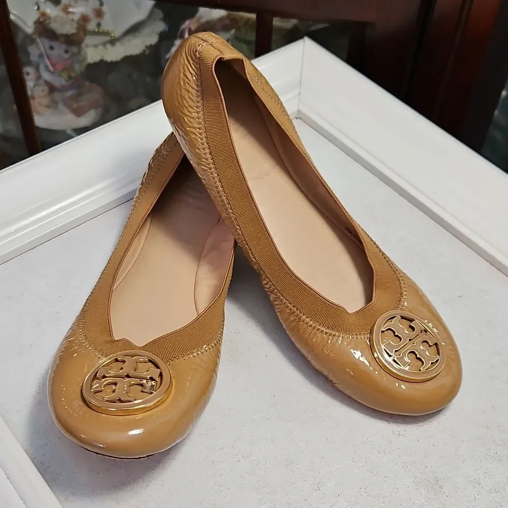 Tory Burch Caroline Patent Leather Tan Ballet Flats Size 6